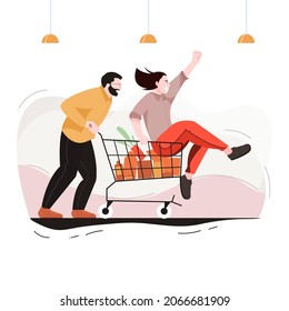 Happy Man Pushing Shopping Trolley With Happy Woman Inside With Fun