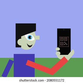 happy man with qr code showing that he has got qr code on smart phone