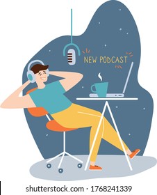 Happy man radio host illustration. Doodle drawing of a boy broadcasting new podcast. Male blogger podcaster, broadcaster at workspace. Isolated cartoon character. Flat style vector.
