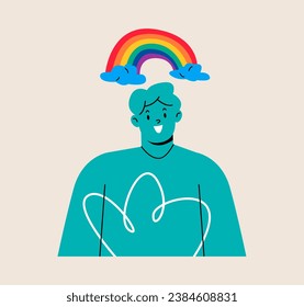 Hombre feliz con un arco iris sobre su cabeza. El concepto de salud mental. Ilustración vectorial colorida
