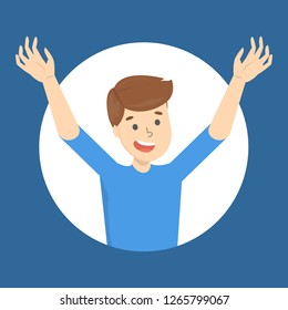 Happy man with raised up arms. Excited guy smiling. Cheerful male character. Isolated flat vector illustration