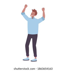 Happy man with raised hands on white background flat vector illustration