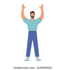 Happy man raises his hands up in joy. Concept of happiness, victory or lucky. Flat vector illustration isolated on white background.