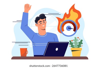 Homem feliz levantando a mão no sucesso enquanto trabalha no laptop, com ícone de alvo ardente atrás dele, em estilo plano em fundo brilhante. Conceito de meta de produtividade. Ilustração vetorial