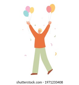 Happy man raising hands celebrating holiday with colorful confetti vector flat illustration. Man hold balloon, gift box having fun with friends isolated. Person with balloons and flag.