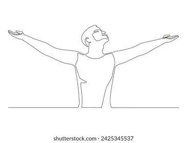 Happy man raising hands in an exercise of relax and breathing, one line continuous drawing. Person stretching arms as symbol of freedom and openness to peace. Simple single minimalism style. Vector