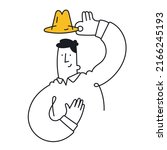 Happy man raising his hat in greeting. Outline, linear, thin line, doodle art. Simple style with editable stroke.