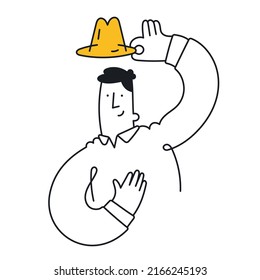 Happy man raising his hat in greeting. Outline, linear, thin line, doodle art. Simple style with editable stroke.
