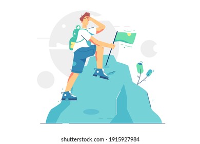 Happy man reached top of mountain vector illustration. Male standing on mountain peak top with flag flat style. Mission accomplished, success, motivation, career concept. Isolated on white background