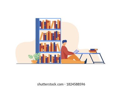 Happy man reading book in home library. Relaxation, table, shelf flat vector illustration. Hobby and entertainment concept for banner, website design or landing web page