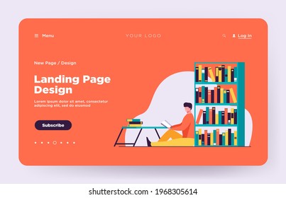Happy man reading book in home library. Relaxation, table, shelf flat vector illustration. Hobby and entertainment concept for banner, website design or landing web page
