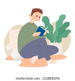 Happy man reading a book Hygge lifestyle Vector