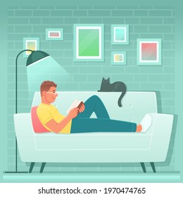 Happy man is reading a book while lying on the couch at home. Guy is a fan of literature or a student preparing for exams. Vector illustration in flat style