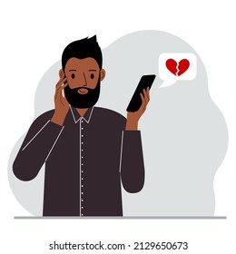 Happy man reading a message on his mobile phone. Message with a broken red heart. Vector