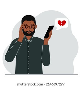 Happy man reading a message on his mobile phone. Message with a broken red heart. Vector flat illustration
