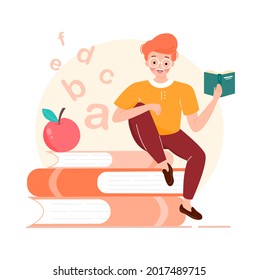 Happy man reading and sitting on stack of books. Smart college or University students studying in class. Book lover or teacher with book store or library themed concept. Flat vector illustration.