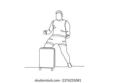 A happy man ready to pack for vacation. Staycation one-line drawing