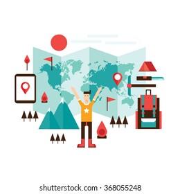 Happy man ready for travel adventures Mountain climbing hiking sport 