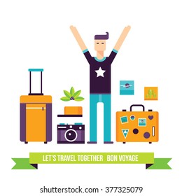 Happy man ready for travel adventures Tourism vacation icon set