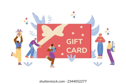 Happy man receive huge gift card. Excited people with gift box. Holiday surprise, birthday present celebration, bonus or loyalty program. Cartoon vector creative illustration
