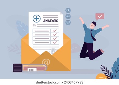 Happy man received good medical test results by email. Confirmation of best health. Smart man looking at email. Checkup results, diagnosis. flat vector illustration
