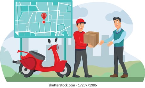 Der glückliche Mensch, der mit einer Smartphone-App zu Hause eine Zustellbox erhält, trägt eine Tasche, Technologie und ein Lifestyle-Konzept