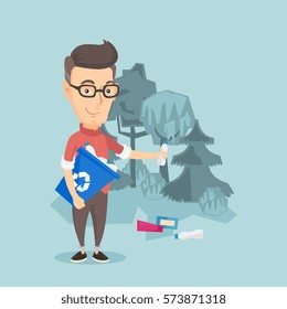 Happy man with recycling bin in hand picking up used plastic bottles in forest. Caucasian man collecting garbage in recycle bin. Waste recycling concept. Vector flat design illustration. Square layout