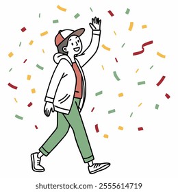 A happy man with red hat and flying confetti for your design celebration