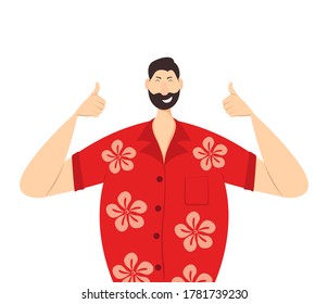 Happy man in a red Hawaiian shirt show Thumbs Up. Holidays in the Hawaiian Islands. The concept of enjoying a vacation. Illustration in a flat cartoon style with cute character.