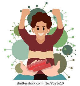 Happy man rejoice over the finished vaccine against the virus. Defeated the virus. The medicine against 2019-nCoV, Covid-19 is being tested. Doctors treat a patient. Vector flat cartoon illustration.