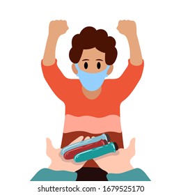 Happy man rejoice over the finished vaccine against the virus. Defeated the virus. The medicine against 2019-nCoV, Covid-19 is being tested. Doctors treat a patient. Vector flat cartoon illustration.