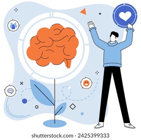 Happy man rejoices in successful achievement, business decision, thinking person and brain. Cartoon businessman choosing work strategy for success. Questions dilemma and options confusion, brainstorm