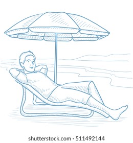 Happy man resting in a chaise longue under umbrella on the beach. Man sitting in a chaise longue on the beach. Man relaxing in beach chair. Hand drawn vector sketch illustration on white background.
