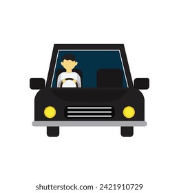 Happy Man rides a car. A man driving a vehicle. Vector illustration in flat style