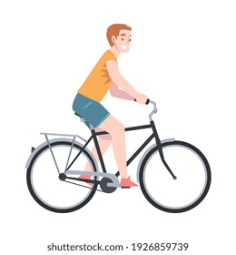 Happy Man Riding Bicycle Enjoying Vacation or Weekend Activity Vector Illustration