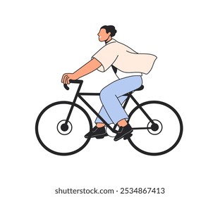 Homem feliz andando de bicicleta. Jovem ciclista apreciando a viagem de bicicleta. Ativo ciclista masculino, pedalando motociclista no transporte eco, perfil, vista lateral. Ilustração de vetor plano isolada no plano de fundo branco