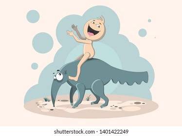Happy man riding a big anteater