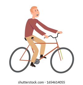 Happy man riding a  bike. Male character alone. Biking activity outdoor. Vector illustration in cartoon style