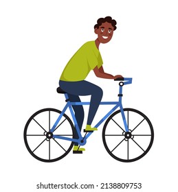 Happy man riding a  bike. Male character alone. Biking activity outdoor. Vector illustration in cartoon style 