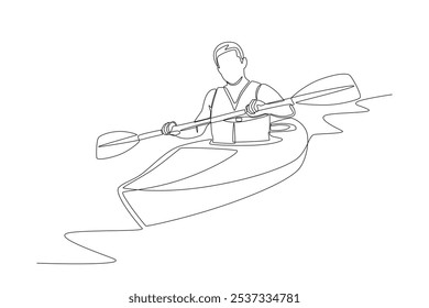 Happy man riding kayak on river. Kayak concept one-line drawing