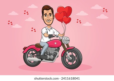 Happy man Riding Motor Bike With heart-shaped and balloon. vector cartoon with a plain white background