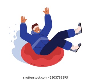 Happy man riding on tubing on snowy downhill, flat vector illustration isolated on white background. Inflatable snow tube ride. Winter holiday and vacation.