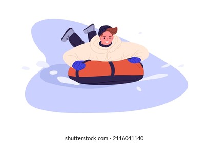 Happy man riding snow tubing, sliding down slope, lying on stomach. Young guy having fun on winter holidays. Outdoor leisure activity in frost. Flat vector illustration isolated on white background