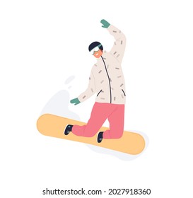 Hombre feliz montando snowboard. Snowboard sonriente con casco y gafas saltando con tablero de nieve. Deporte de invierno extremo. Ilustración vectorial plana de la persona durante el snowboard aislado en fondo blanco