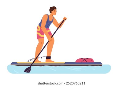 Happy man rowing on standing up paddle flat vector illustration isolated on white.