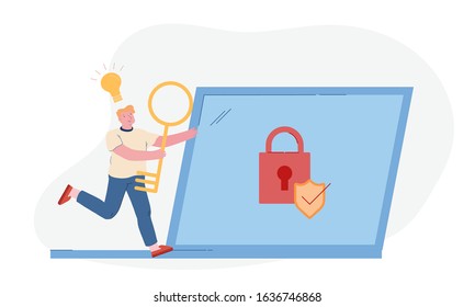 Happy Man Run With Huge Key In Hands And Glowing Light Bulb Above Head To Laptop With Padlock And Shield On Screen. Male Character User Remember Lost Account Password, Cartoon Flat Vector Illustration