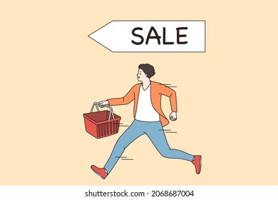 Happy man running with basket for products on big sale day. Excited male client or customer get best deal on promotion or discount weekend. Black Friday, promo concept. Flat vector illustration. 