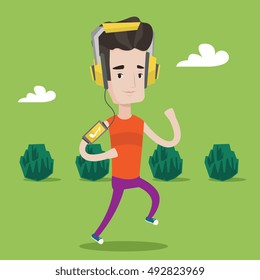 Happy man running with earphones and armband for smartphone. Young man using smartphone to listen to music while running in the park. Vector flat design illustration. Square layout.