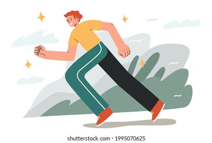 Happy man running or jogging. Healthy active lifestyle. Outdoor workout or exercise. Hand drawn vector cartoon style illustration.