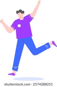 Happy man running, making thumbs up gesture and raising arms, celebrating victory, achievement, success, freedom or good news, colorful flat vector illustration isolated on white background